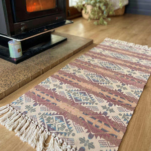 Bring a touch of the Southwest to your living space  These beautiful cotton canvas rugs are the perfect thing to spice up your table, sideboards, floors, doorway, anywhere and everywhere.   Stunning Southwest design with soft Santa Fe hues and grey/blue accents. Each rug is handwoven by artisans, stencil printed on cotton canvas with fringe ends.  Size 63” - 60x130cm  Limited edition. Just a couple of these were made, we think this makes these extra special. 