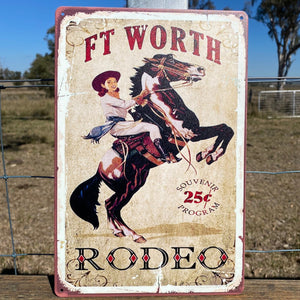 Iconic Western Tin Art   Famous Rodeo. Fort Worth TX  Distressed Tin Sign. Perfect for any room, stables or business.   Great gift idea