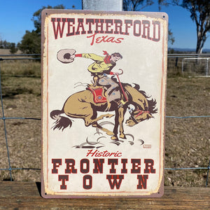 Iconic Western Tin Art   Famous Rodeo. Weatherford TX  Distressed Tin Sign. Perfect for any room, stables or business. 