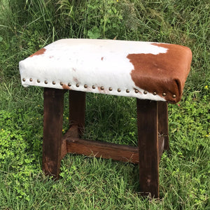 Give your living space a dose of natural Australian beauty with this modern-rustic foot stool.  Made at Swan Creek; we handcraft these foot stools from native woods; finished with smoked-amber stain. Then custom upholster with cowhide and accent with trim of Mexican nail-heads. (Cowhide cushion top with foam inner) 