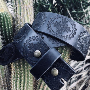 Western Embossed Black leather belt - all sizes