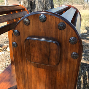 Display your Pride and Joy on this custom saddle stand. Made here at Swan Creek in 🇦🇺 Solid Pine   Photos (high finish) Smokey walnut stain with satin-poly finish. Top mount or full front Clavos - genuine Mexican nailhead accent. Comes with under rail hook.  Size 740mm High x 740mm Long x 320mm Wide  We make these to custom order - usually within the same week. (Christmas orders and events times may vary)