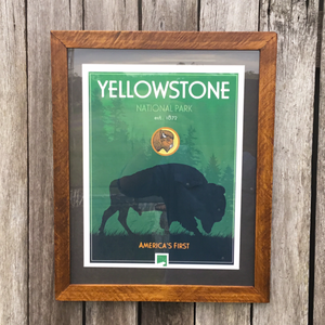 Iconic Yellowstone National Park Buffalo logo, circa 1872.  Canvas poster framed with Swan Creek’s signature wooden frame. Slightly fancier yet retains the lustrous rustcharacter of native Australian timber.  We’ve used special acrylic glass that’s less breakable (and a little more expensive). We can’t tell it’s not regular glass. This means we can post these and you can shift or travel with them.  Framed size: W 37cm x H 46cm  Check out the rest of the Yellowstone collection.