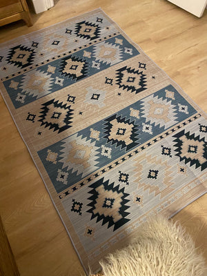 Perfect for all the home and ranch living  These practical microfibre accent rugs can be used to spice up a room or simply provide the finishing touch to any space.  Large size 63” (120x160cm)  DuraFibers Microfibre Stencil printed  Southwest design Hemmed/Edged Non-Skid Backing Indoor/Patio/Caravan Quick Dry Machine Washable Folded for delivery. Creases dissapear with use.