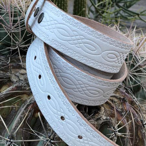 Western Embossed White leather belt - all sizes