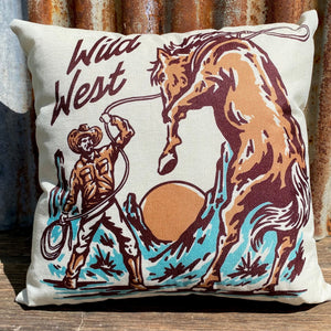Add a touch of the Wild West to your room   You can even spruce up the patio or gooseneck with these Cowboy design cushions.  Ride West Cowboy print Double sided tan brown on neutral Polyester/Peachskin canvas Zipper closure
