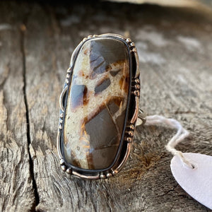 Dressy Southwest Showstopper  Natural Septarian Jasper gemstone. Large cushion cut stone set in .925 Sterling Silver. These stones are wonderfully unique with earthy tan, brown and sparking copper hues.  ✦Each is handpicked & unique. Large Size : 35 x 16mm Approx. Weight : 12.13 Gram Approx