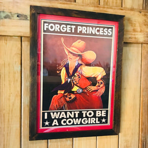 Retro Cowgirl Art  Canvas poster framed with Swan Creek’s signature wooden frame. Slightly fancier yet retains the lustrous character of native Australian timber.  We’ve used special acrylic glass that’s less breakable (and a little more expensive). We can’t tell it’s not regular glass. This means we can post these and you can shift or travel with them.  Frame size: W37cm x H50cm.