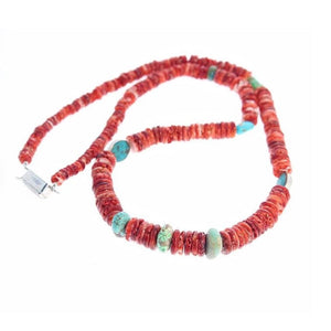 Statement one of a kind Necklace of natural Red Spiny Oyster beads and 100% natural American Turquoise.    This 24" necklace has graduating 5-8mm Red Spiny Oyster beads (100% natural shell found off the coast of Baja) accented with mined Carico Lake, Kingman and No8 Turquoise . The handmade silver clasp with is imbedded Spiny Oyster. Stunning!! Silversmith & collector New Mexico.