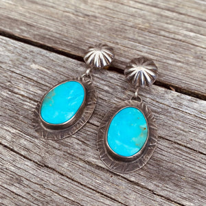 Natural Birds Eye turquoise from a small Turquoise Mountain mine in Nevada. Bright blue stones with a pop of teal green and black matrix. Stones measure 28x16mm.   Hand-formed ‘post studs’ with fletcher pendant setting. These earrings hang lovely at 1.75". 