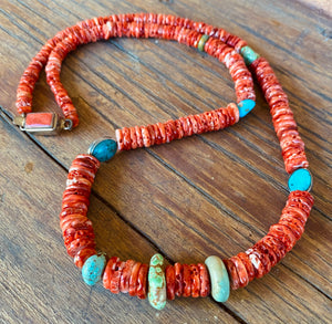 Show Stopper!  Statement one of a kind Necklace of natural Red Spiny Oyster beads and 100% natural American Turquoise.   This 24" necklace has graduating 5-8mm Red Spiny Oyster beads (100% natural shell found off the coast of Baja) accented with mined Carico Lake, Kingman and No8 Turquoise . The handmade silver clasp with is imbedded w Spiny Oyster. Stunning!!  Artisan New Mexico