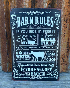 Tin Wall Art   Perfect for every country style home, barn house or shed.  Vintage style distressed, ‘Barn Rules’ 