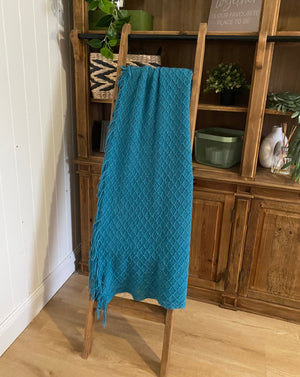 Woven textile to add that touch of rich teal hue to your room.  Contemporary design with elegant Diamond texture and plush fringe ends  Perfect for draping over the back of the couch or across your bed. This lovely longer throw features; traditional pattern and fringed ends. 