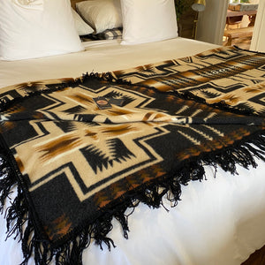 The prestigious Harding Oxford Collection.   This Shawl blanket is stunning and even better in person.  One of their most popular designs ever, crafted of USA-made wool in the Pendleton, Oregon mill. In 1923, President Warren Harding and his wife Florence came west to dedicate a portion of the old Oregon Trail. At the ceremony, local chiefs presented the first lady with a Pendleton shawl.  The perfect gift to give for an special occasion. Available Swan Creek Interiors Australia