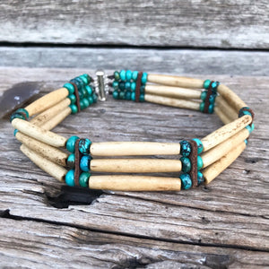Handcrafted genuine accessories designed to flatter your features and enhance your style ... you’ll never want to take them off.  〰️  Choker necklace. Genuine beads of natural Buffalo Bone, leather accents and layers of natural Royston Turquoise beads.  This gorgeous design the  14” length.