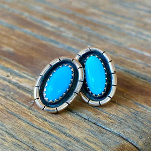 Southwest Beauties!  Beautiful natural genuine Sleeping Beauty Turquoise from the closed mine in Globe, Arizona.   These stunning bright blue stones measure an elongated oval shape of 11x6mm set in .925 sterling silver earrings post style. 