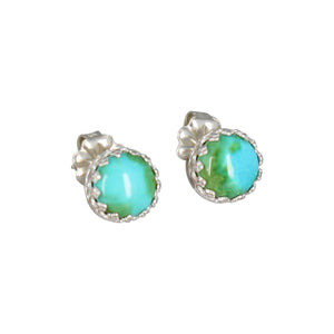Gorgeous 100% natural turquoise from Sonora, Mexico with stunning natural lime green and bright blue colour! Elegant 9mm stone size.  Handcrafted earrings with decorative Princess bezel, elgant .35".  Uniquely stunning pair of studs! .925 sterling silver with artisan silver butterfly back. One of a kind. Silver maker/Artisan New Mexico.