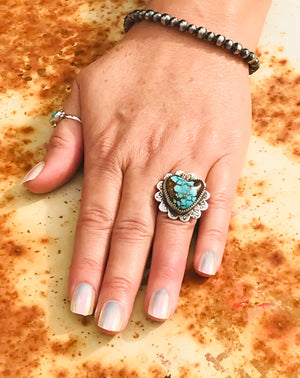 Get your hands on this Stunning Vintage Ring.  Gorgeous * very rare * vintage #8 Mine Turquoise carved into a 3/4" Southwest ring. 22mm polished heart cabochon set in handmade sterling silver rose petal setting with 18K Rose Gold accent!  Top Notch. One of a kind collectors item to be worn, admired and treasured.  Size 7.5 (Between AU O & P) (Medium) see our ring guide.