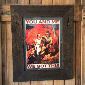 Vintage Western canvas poster in rustic wooden frame.  The frame: Made by us from very old timbers from the Swan Creek farm. The native wood had been meticulously reclaimed and finished with layers of natural stain to keep the natural rustic character.  We’ve used special acrylic glass that’s less breakable (and a little more expensive). We can’t tell it’s not regular glass. This means we can post these and you can shift or travel with them.  Frame size: W50xL60. Custom Job $299