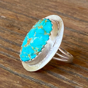 Collectors Turquoise. One of a kind. Exquisite.  Gorgeous rare #8 Turquoise cabochon from Nevada set in oval sterling silver setting. Large 25x16.5mm stone with exquisite sky blue colour and matrix spider webbing.  Artisan made in New Mexico