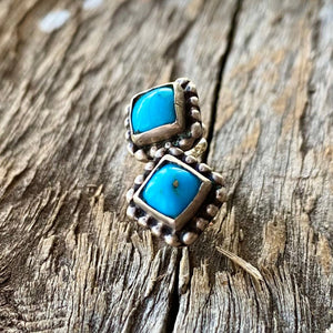 Petite Southwest Beauties!  Beautiful natural Sonoran Rose Turquoise from Mexico. These stunning bright blue stones measure 6mm set in .925 sterling silver earrings post style.  Delightful earrings for everyday wear. Just over 1/4". Square setting