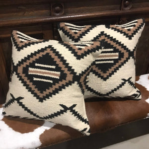 Genuine wool ‘saddle blanket’ cushion. Traditional design with contempoary hues.  Real wool front panel, black canvas back and velcro closure. Nice size 47cm cushion with custom plump inner. (AUS echo inner)  The pair (2x cushions)