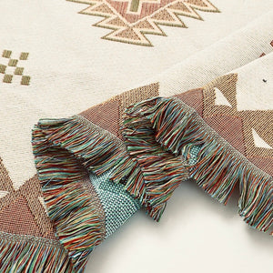This lovely throw-blanket features; Southwest pattern, earthy neutral hues and fringed edge. Fully reversible accent so you can change your seasonal style.  Perfectly sized for napping, reading or simply admiring. Can be worn as an shawl as seen in stylish cowgirl magazines.   Interior gorgeousness!! A throw is more than a throw. Their versatility can be used to warm up a room, add glamour, colour and texture or simply provide the finishing touch to any space