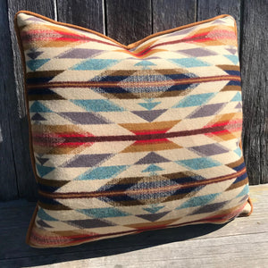 Stunning Pendleton cushion!  These versatile cushions can be used to warm up a room, add glamour, colour and texture or simply provide the finishing touch to any space.  This design reflects the warm, harmonious colours of ancient corn varieties, in a balanced pattern of rows that echo long-ago gardens. Arrows point in two directions: the past and the future. Swan Creek Interiors. Australia.