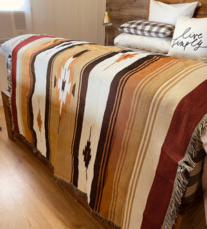 This lovely throw-blanket features; Southwest pattern, earthy neutral hues and fringed edge. Fully reversible accent so you can change your seasonal style.  Perfectly sized for napping, reading or simply admiring. Can be worn as an shawl as seen in stylish cowgirl magazines. 