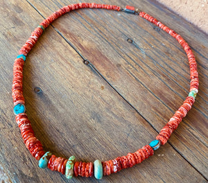 Show Stopper!  Statement one of a kind Necklace of natural Red Spiny Oyster beads and 100% natural American Turquoise.   This 24" necklace has graduating 5-8mm Red Spiny Oyster beads (100% natural shell found off the coast of Baja) accented with mined Carico Lake, Kingman and No8 Turquoise . The handmade silver clasp with is imbedded w Spiny Oyster. Stunning!!  Artisan New Mexico
