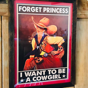 Retro Cowgirl Art  Canvas poster framed with Swan Creek’s signature wooden frame. Slightly fancier yet retains the lustrous character of native Australian timber.  We’ve used special acrylic glass that’s less breakable (and a little more expensive). We can’t tell it’s not regular glass. This means we can post these and you can shift or travel with them.  Frame size: W37cm x H50cm.