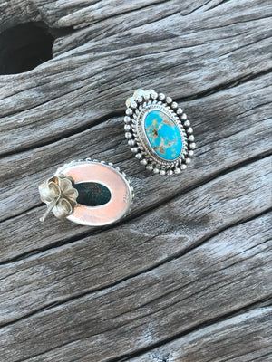 The Stones. Gorgeous 100% natural turquoise in azure blue with golden tan matrix from the Sierra Nevadas.   Bright blue 100% natural turquoise cabochon size 18x15mm each.  Stamped .925 sterling silver, artisan crafted in New Mexico. This incredible pair of earrings measure .75" in length including the sterling silver etched setting. Post studs with artisan backs.