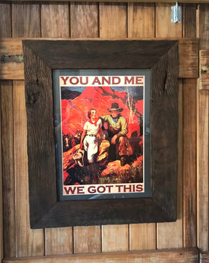 Vintage Western canvas poster in rustic wooden frame.  The frame: Made by us from very old timbers from the Swan Creek farm. The native wood had been meticulously reclaimed and finished with layers of natural stain to keep the natural rustic character.  We’ve used special acrylic glass that’s less breakable (and a little more expensive). We can’t tell it’s not regular glass. This means we can post these and you can shift or travel with them.  Frame size: W50xL60. Custom Job $299
