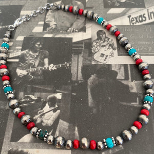 Our newest Tonopah collection  Gorgeous Navajo Pearls (treasured desert accents) of natural Kingman Turquoise and red coral Açai.  The Necklace with 6&8mm pearls on short, choker style 14 inch strand. The clasp comes with a 1" extension chain to fit different necks.