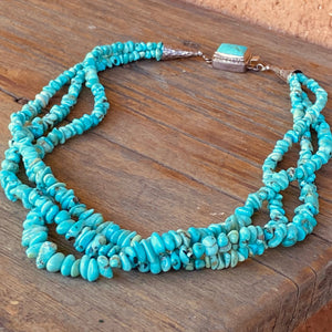 Stunning Lone Mountain Turquoise necklace features; 3 stunning strands of natural nuggets finished with .925 sterling cones and handmade Lone Mountain clasp.  Beautiful length, 19" neck