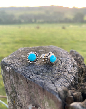 Southwest Beauties!  Sleeping Beauty Turquoise from Globe, Arizona. AAA Grade American Turquoise in natural bright blue!  Elegant 1/2" in length, in .925 sterling silver with Southwest style settings. Stone size 7mm, overall earring length with hand crafted posts studs.