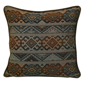 Sourced by us from Dallas Texas, this textile pays homage to the old west with an modern twist. You will find these designs styled luxury ranches, cowgirl magazines and western boutiques.   The Del Rio Grande collection features modern Southwest textile in rich blue and copper brown with dark brown faux suede/leather accents.   Euro super large 27” inch day cushion, fully reversible basket weave back with Western Concho accent. Comes with custom full eco inner.
