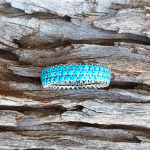 Dazzling Turquoise 3 Tier rings.   Sparkling beauties, these wider rings look gorgeous on any finger.   Triple band of bright blue Turquoise stones. Made in .925 silver. 