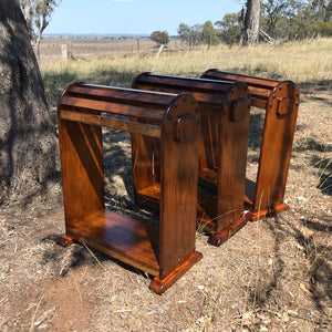 Display your Pride and Joy on this custom saddle stand. Made here at Swan Creek in 🇦🇺 Solid Pine   Photos (high finish) Smokey walnut stain with satin-poly finish. Top mount or full front Clavos - genuine Mexican nailhead accent. Comes with under rail hook.  Size 740mm High x 740mm Long x 320mm Wide  We make these to custom order - usually within the same week. (Christmas orders and events times may vary)