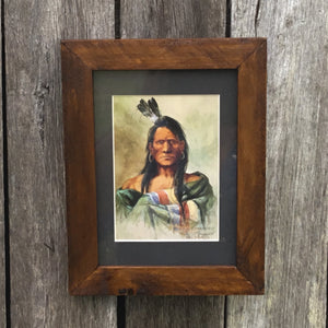 Print from Sid Richardson Museum collected on our travels around Fort Worth TX. This iconic Western painting ‘Indian Head’ was actually painted by three artists, Russell, Paxon and Schatzlein.  Small print framed with Swan Creek’s signature wooden frame. Slightly fancier yet retains the lustrous rustic character of native Australian timber. Framed size W17 x H22cm Available @swancreekinteriors