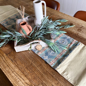 Bring a touch of the Southwest to your living space  Design by us, this handmade runner has authentic Pendleton 1923 Harding Canyonlands jacquard-cotton material and cotton canvas edge / backing.   Large size, perfect for Australian size tables.  Swan Creek collection piece. One of a kind runner, designed by Roxy & handmade by our local artisan ‘tailor’ Sue Darrah. 