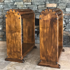 Display your Pride and Joy on this custom saddle stand, made here at Swan Creek in 🇦🇺 Solid Pine   Photos (high finish) Smokey oak blend stain with satin-poly finish. Top mount or full front Clavos - genuine Mexican nailhead accent. Comes with under rail hook.  Size 740mm High x 740mm Long x 320mm Wide  We make these to custom order - usually within the same week. (Christmas orders and events times may vary)  Options with variations of shapes for plaque mount, stain and painted finish available. By quote.