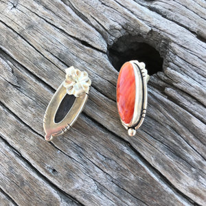 Then stones: Show Stoppers! Beautiful natural light red/ orange Spiny Oyster with natural matrix from the coast of Baja. Shell size oval 20x8mm. Highly polished genuine beauties.  The setting: Artisan made in pure .925 sterling silver with Southwest style accents! Overall earring length, just shy of 1".