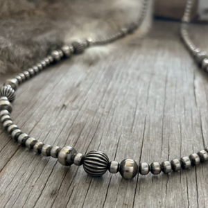 This gorgous design is the 24” long strand of 5, 6 and 8mm Navajo Pearls with southwest pumpkins beads.   Stunning long length. The clasp comes with a 1" extension chain so you can play with the length.