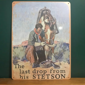 How cool is this!!  The famous Stetson Hat Company   Vintage Wall Art.   Perfect for any room, stables or business. Larger than all the regular tins, it’s a big W30xL40cm, with four corner small screws holes ready for the wall or plaque.  These ones are a little harder to find! Collectors item.