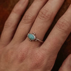 The Stone: A natural Turquoise gem with a full matrix of azure blue and natural accents.  The Ring: Dainty oval shape in .925 silver, Southwest detail and delicate silver band. Crafted with genuine USA/Arizona Turquoise. ‘One of a kind’.  Custom-made by talented silver-maker in QLD Australia. 