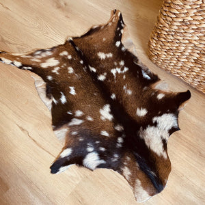Add the elegance of nature to your home with an genuine goat hide rug. Perfect for hunter, these rugs brings the look of game hide into your home.  Approx size   Nature’s natural imperfections and markings are a feature of genuine leather and hide. Care when cleaning. 